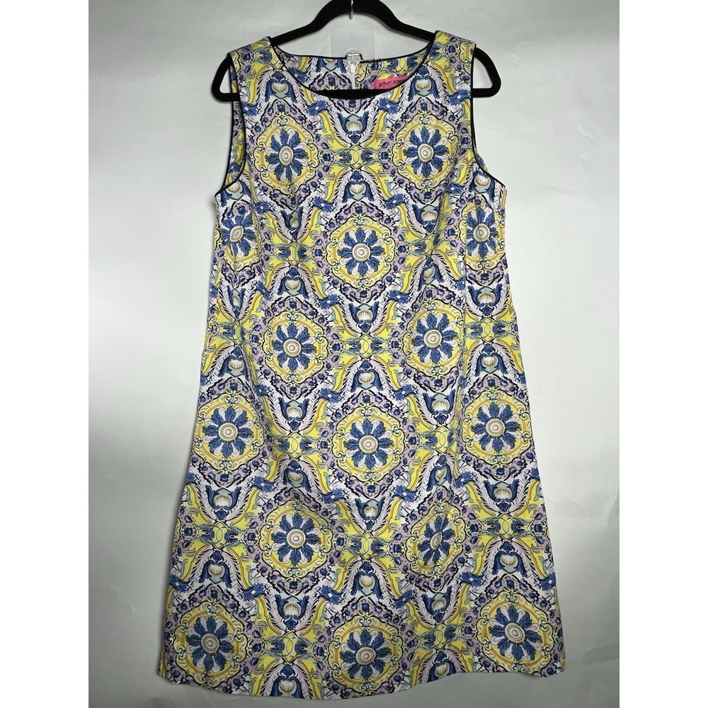 Betsey Johnson Shift Dress Boat Neck Size 16 Yellow Blue Sleeveless China Plate‎